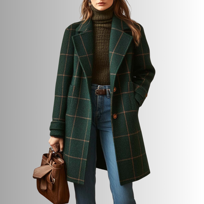 Manteau Tweed à Carreaux Et Revers Rétro Pour Femme