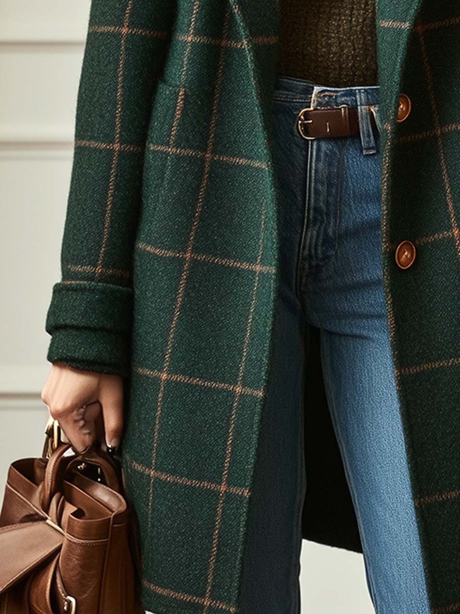 Manteau Tweed à Carreaux Et Revers Rétro Pour Femme
